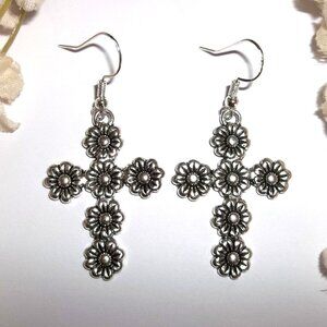 Silver Cross Earrings Statement Flower Floral Dangle Drop Jewelry Set Gift D348